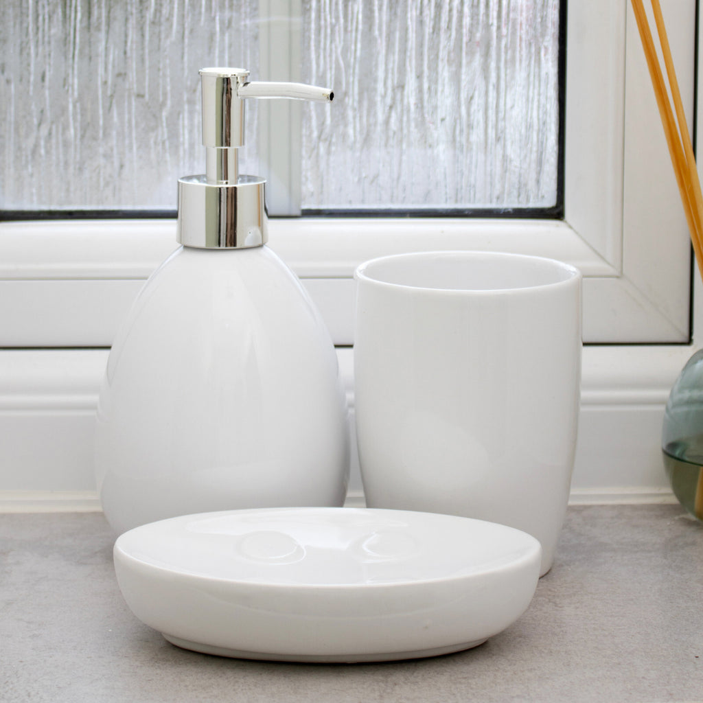 3 Piece White Glossy Ceramic Bathroom Accessory Set