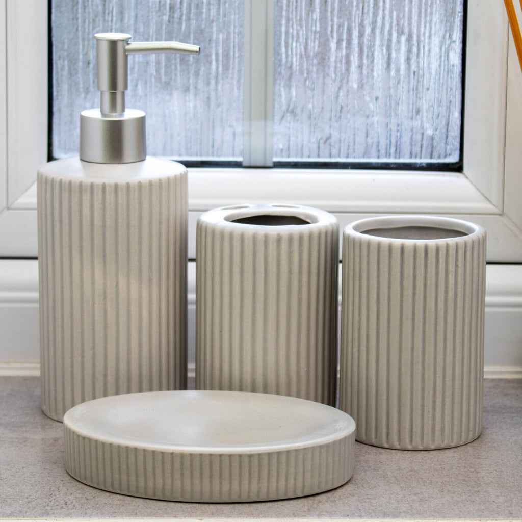 4 Piece Grey Ribbed Ceramic Bathroom Accessories Set
