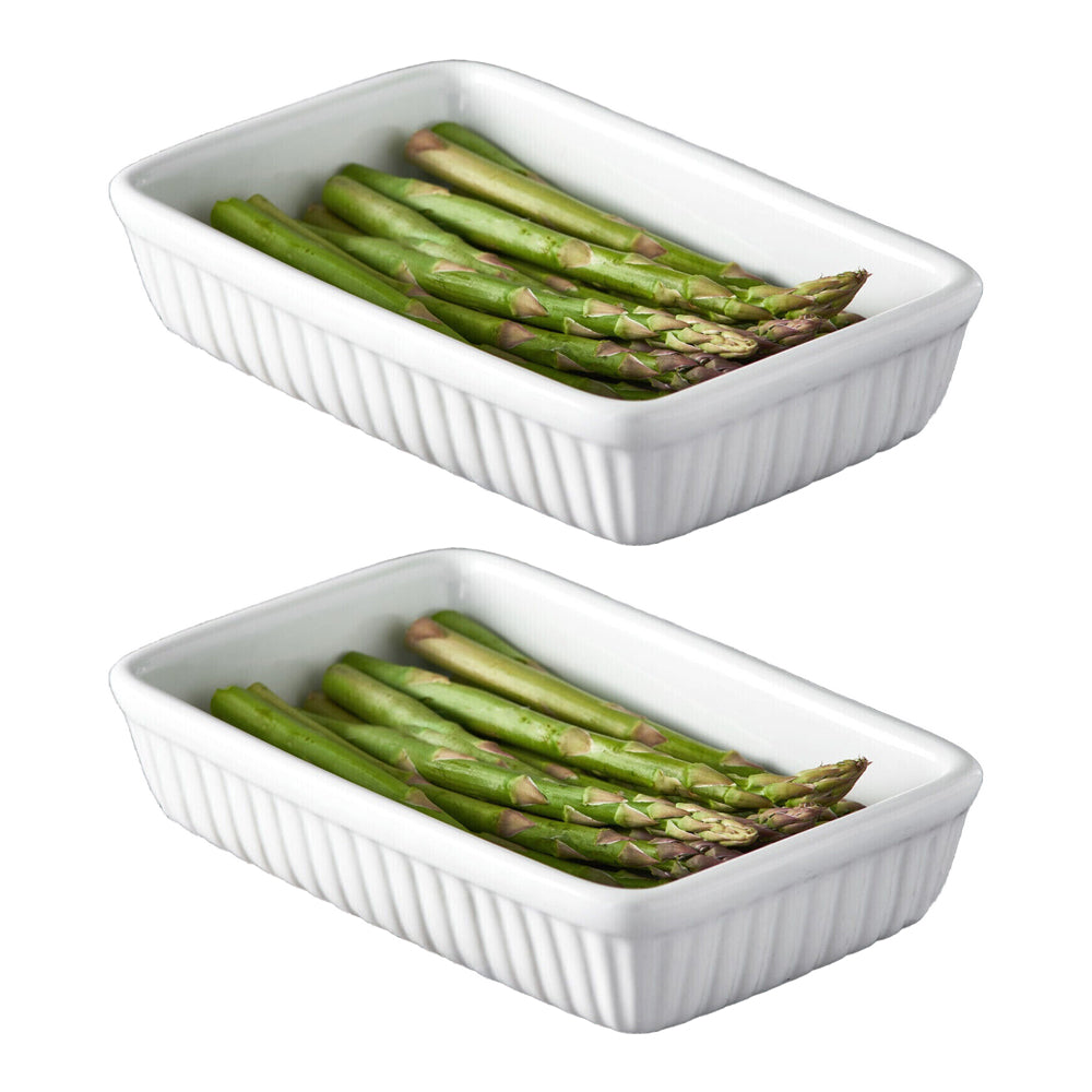 Set Of 2 White Ribbed Rectangular Roasting Dishes