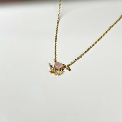 Pink Crystal Heart Gold Womens Necklace 18"