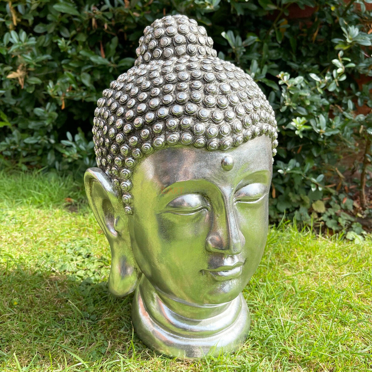 Gartenornament aus Kunstharz, silberfarben, großer Buddha-Kopf