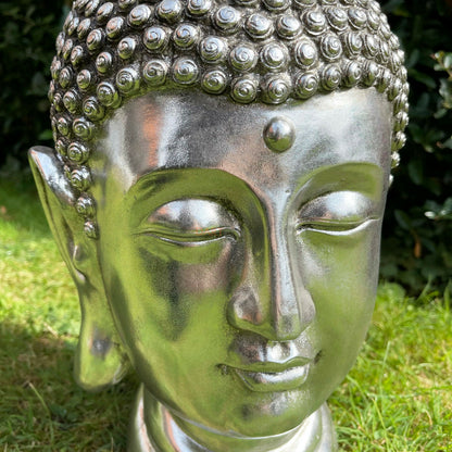 Gartenornament aus Kunstharz, silberfarben, großer Buddha-Kopf