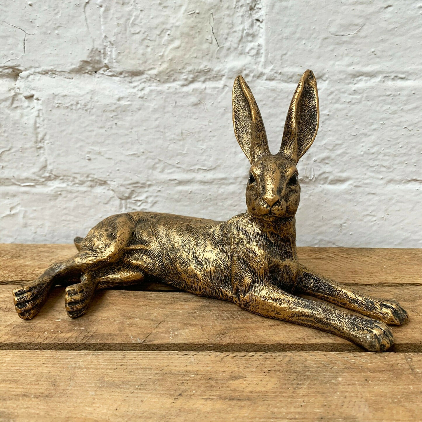 Resin Gold Lying Hare Sculpture 24cm