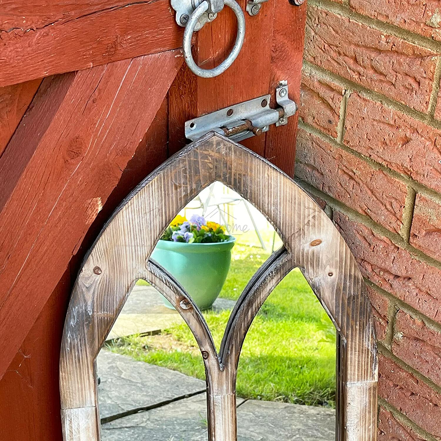 Wooden Gothic Arch Garden Wall Mirror 75cm