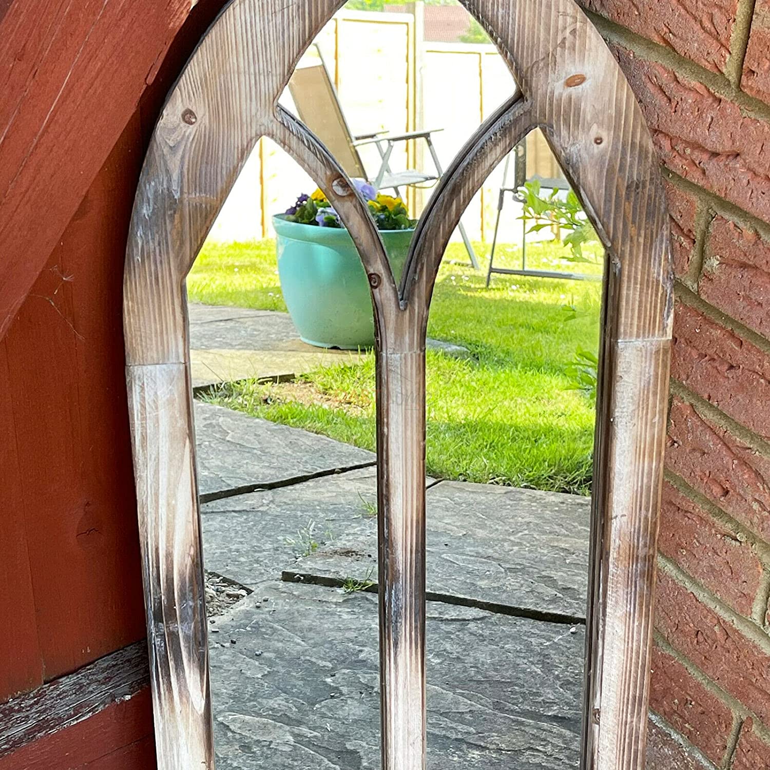 Wooden Gothic Arch Garden Wall Mirror 75cm