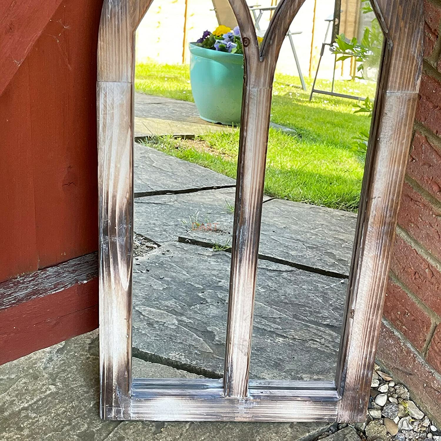 Wooden Gothic Arch Garden Wall Mirror 75cm