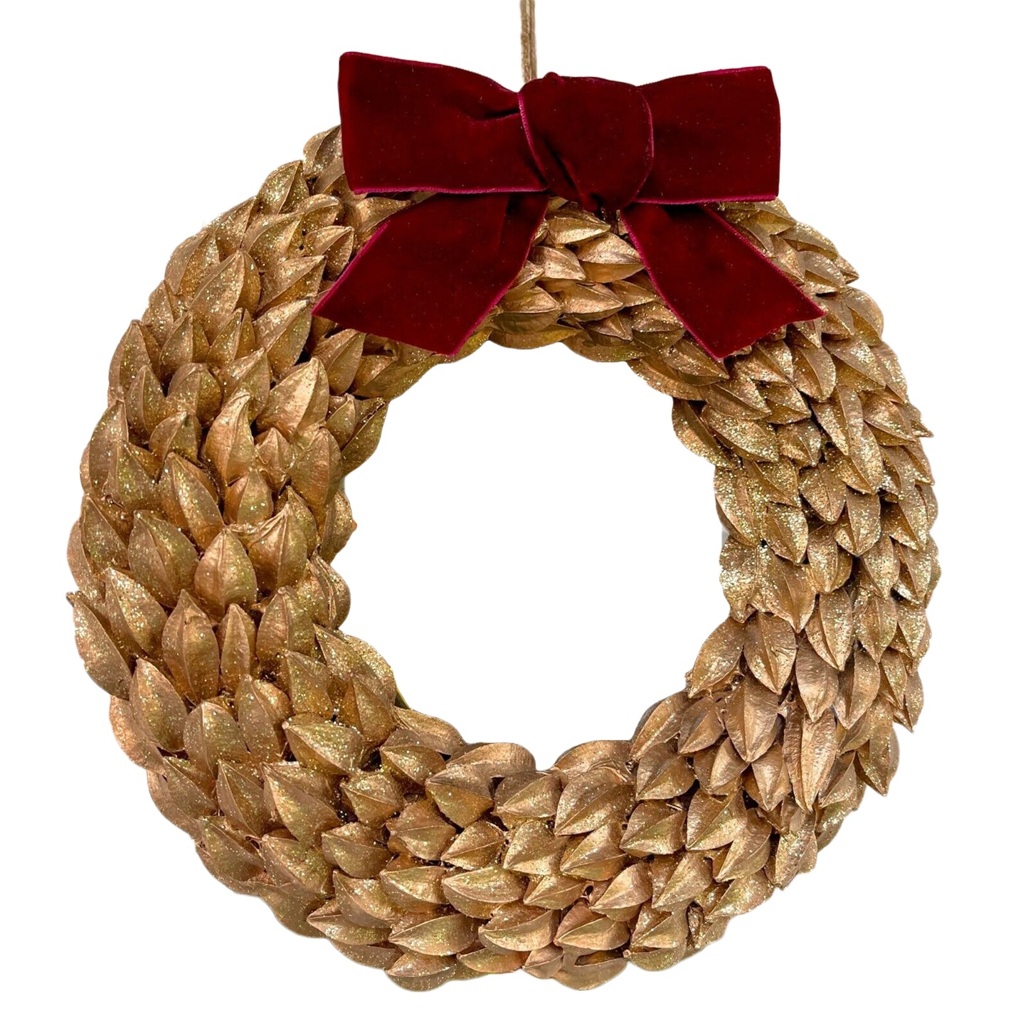 Gold Christmas Wreath With Red Velvet Bow