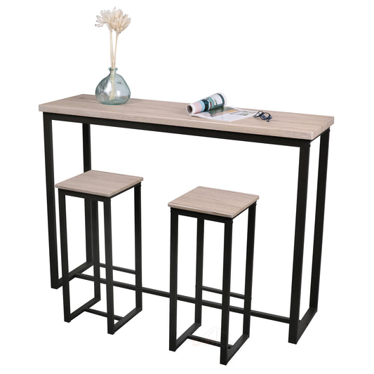 Wooden Top Breakfast Bar Table & 2x Tall Stools Kitchen Set