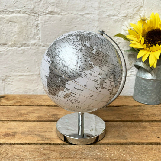 Rotating Globe Ornament - Silver And White