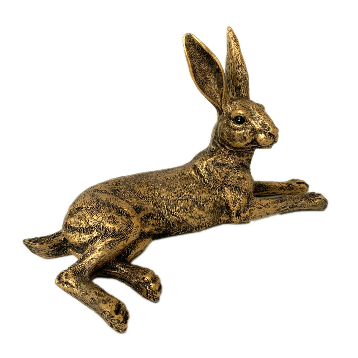 Liegende Hasenskulptur aus Kunstharz, Gold, 24 cm