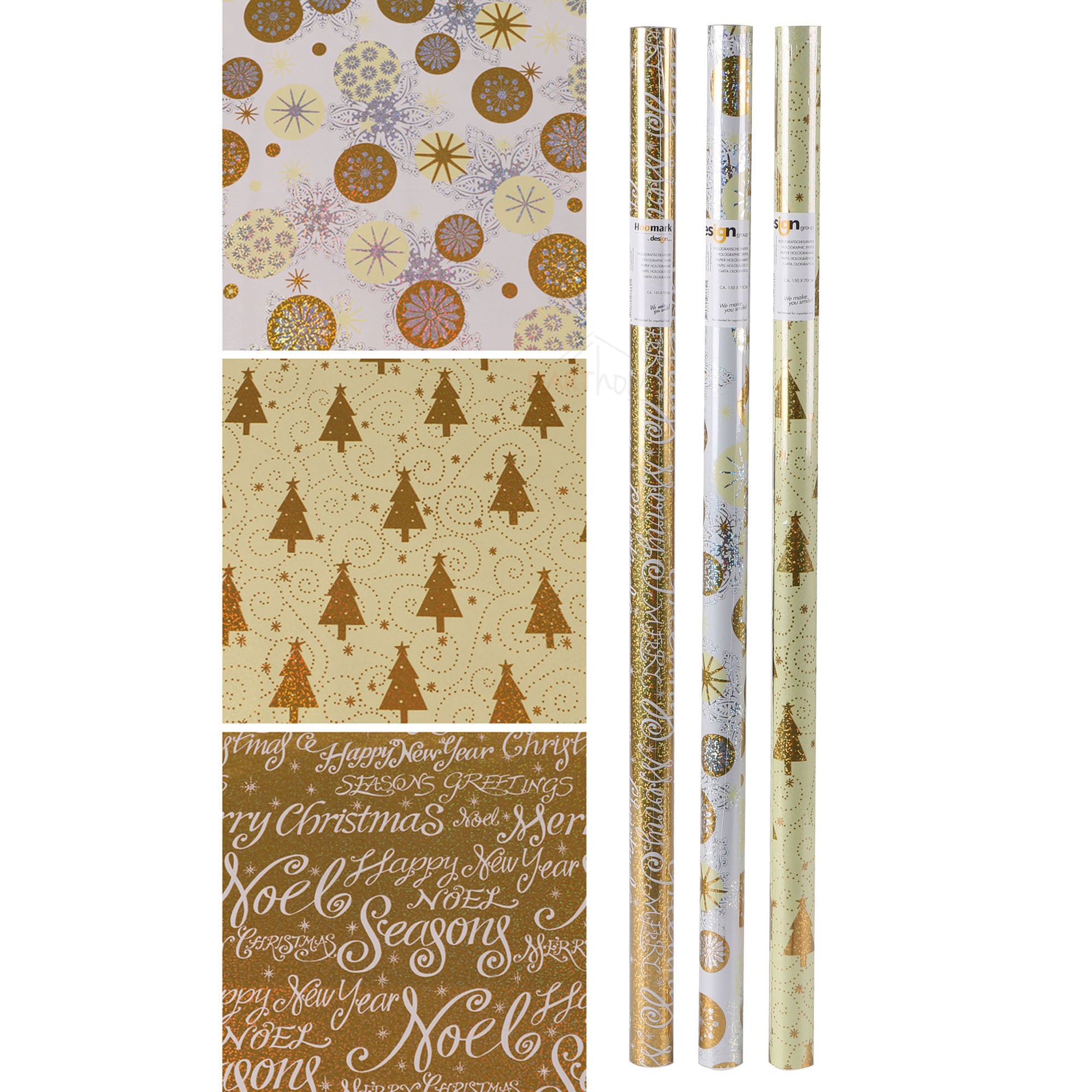 3x goldenes Weihnachtsgeschenkpapier 150 x 70 cm
