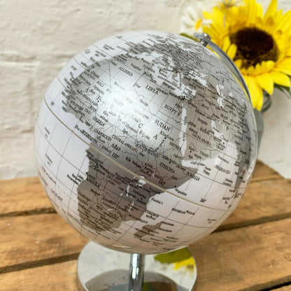 Rotating Globe Ornament - Silver And White