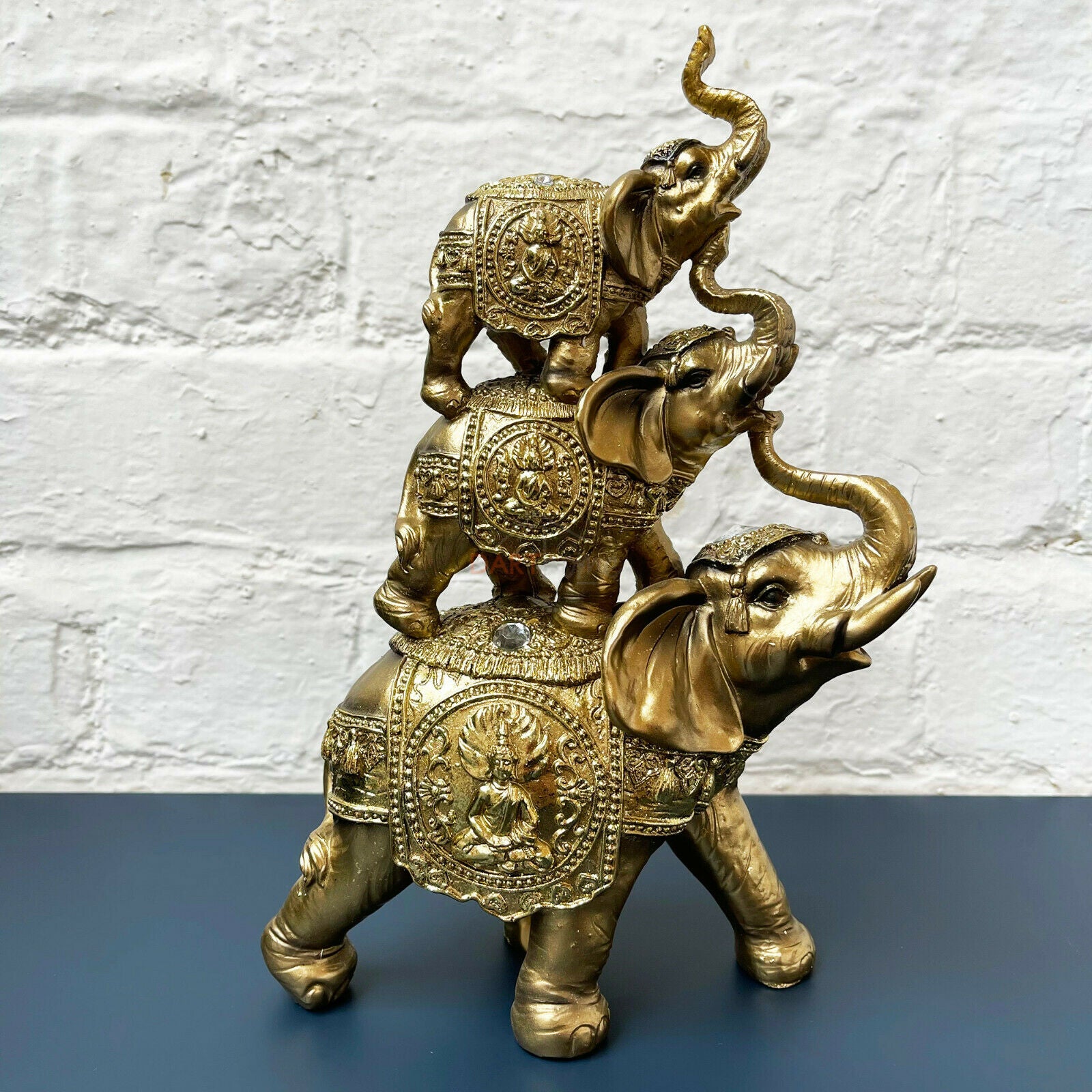 Gold Buddha Elephant Trio Stack Home Ornament 26cm