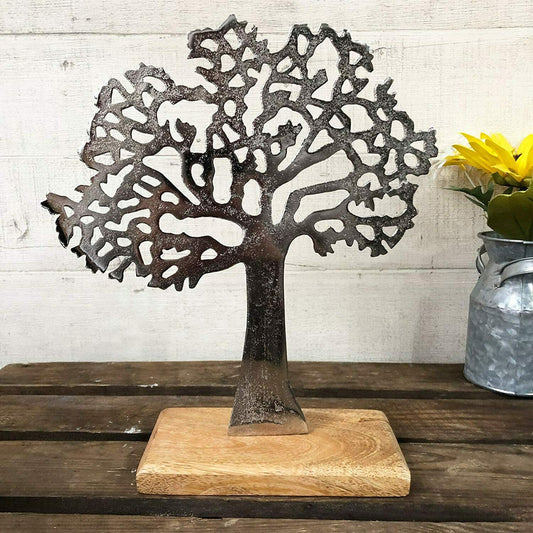 Silver Tree Of Life On Wooden Base Stand Ornament 26cm