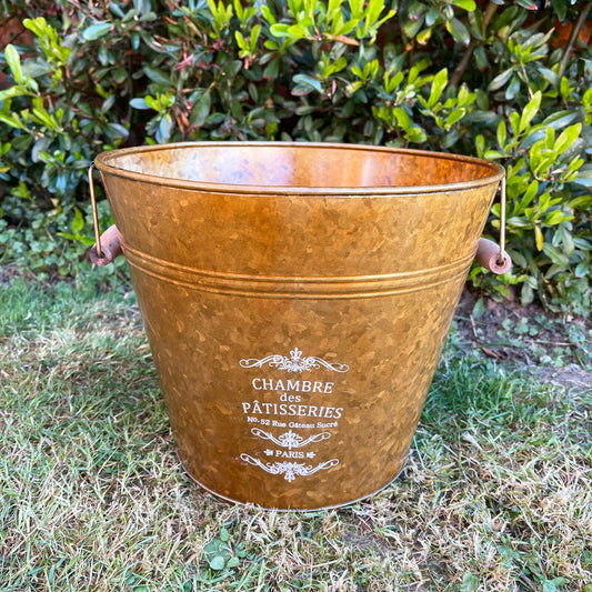 Antique Brass Tin Metal Bucket Planter W/ Wooden Handle 30cm