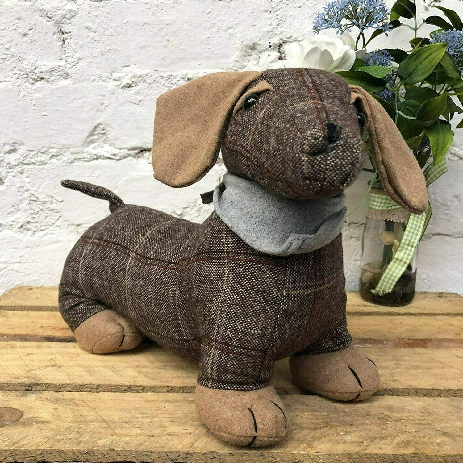 Tartan Brown Sausage Dog Doorstop