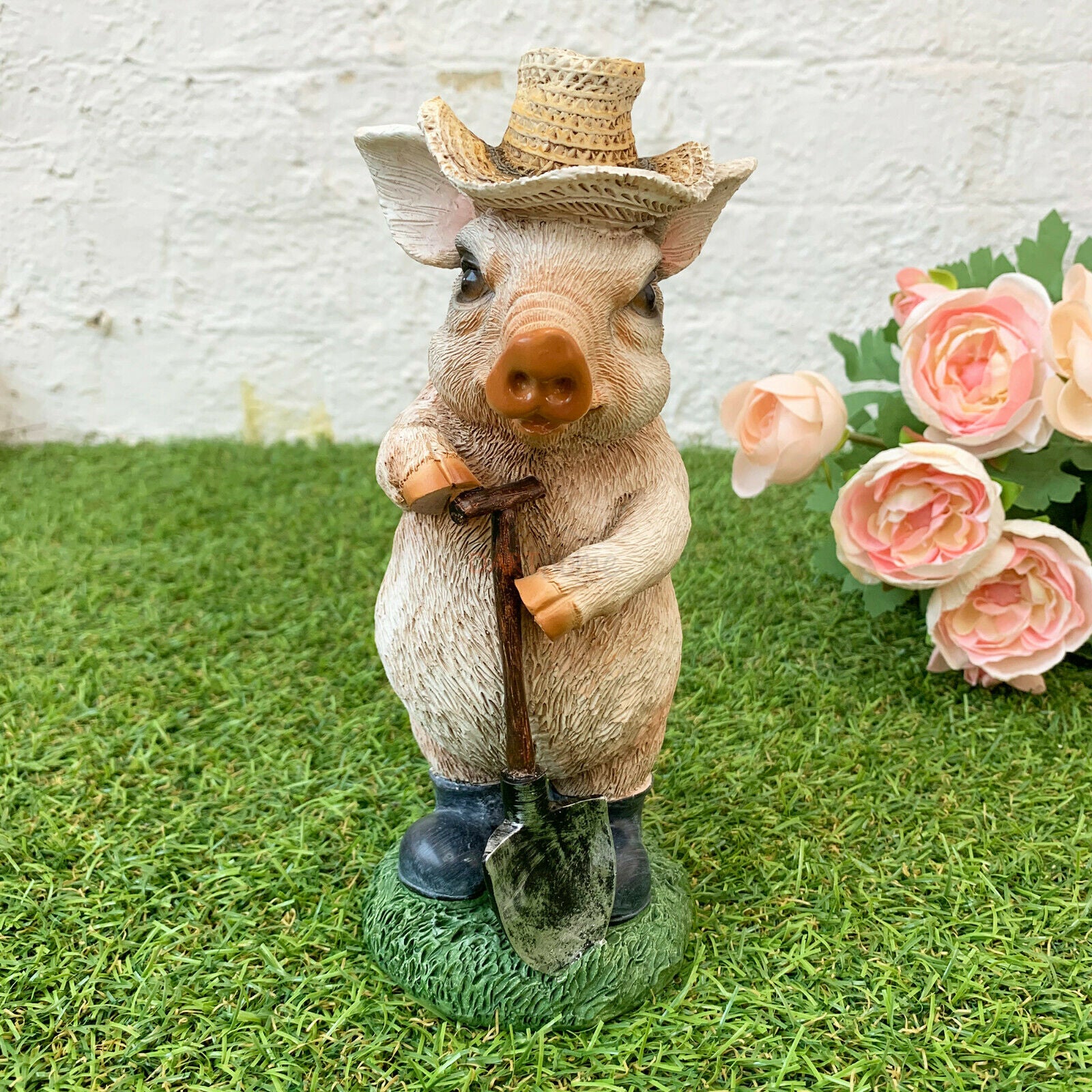 Resin Pig With Spade Ornament 21cm