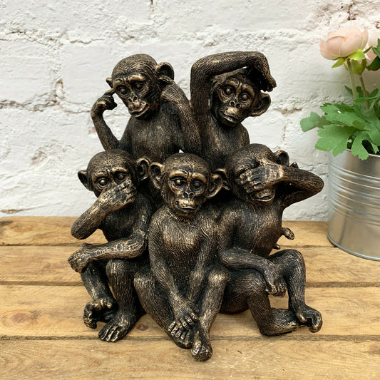 Bronze Resin 5 Monkeys Family Home Statue 24cm