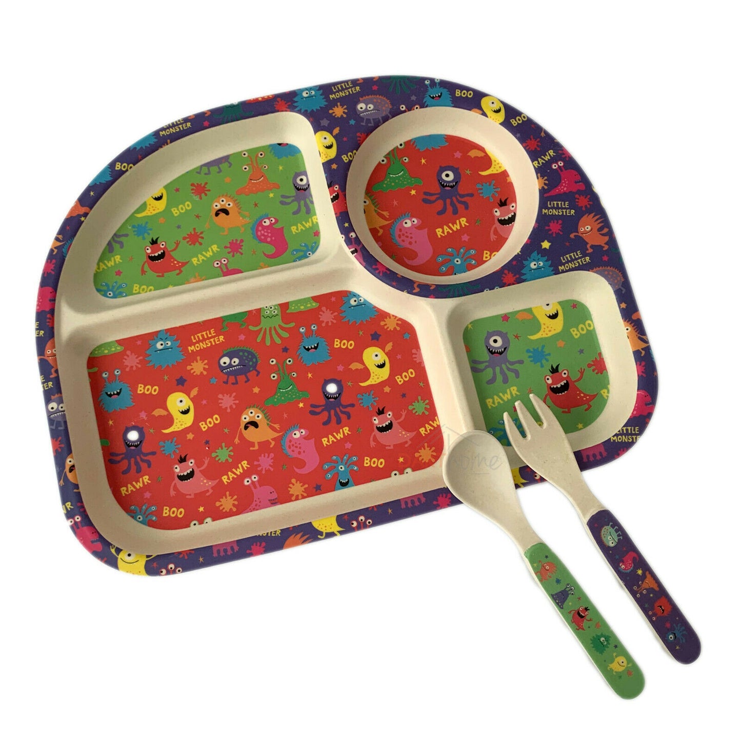 Eco Friendly Bamboo Monsters Plate Cutlery Childrens Feeding Set