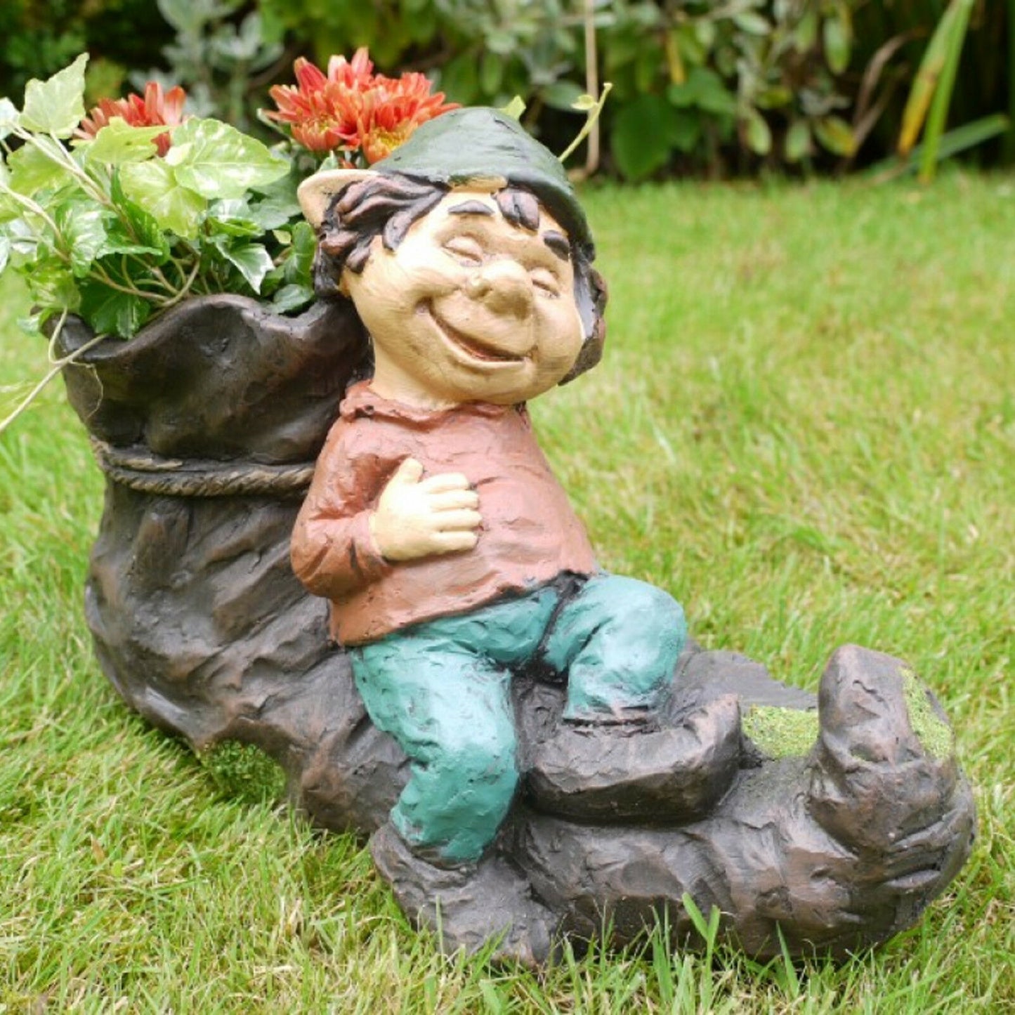 Stehender Elf auf Stiefel aus Kunstharz für Gartenblumen, 34 cm