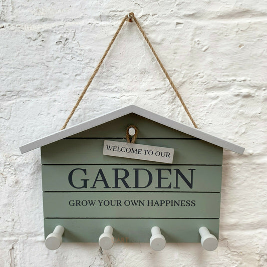 'Welcome To My Garden' Green X4 Key Wall Hooks 24cm