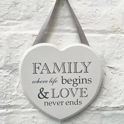 Hanging love Heart Plaque - Family Is Where Life Begins & Love Never Ends