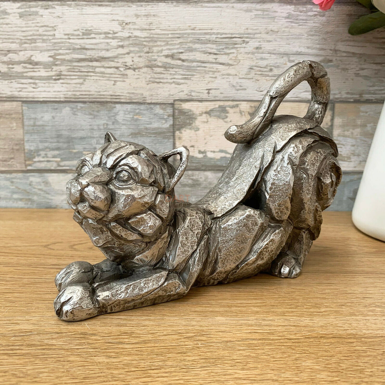 Silver Stretching Cat Sculpture