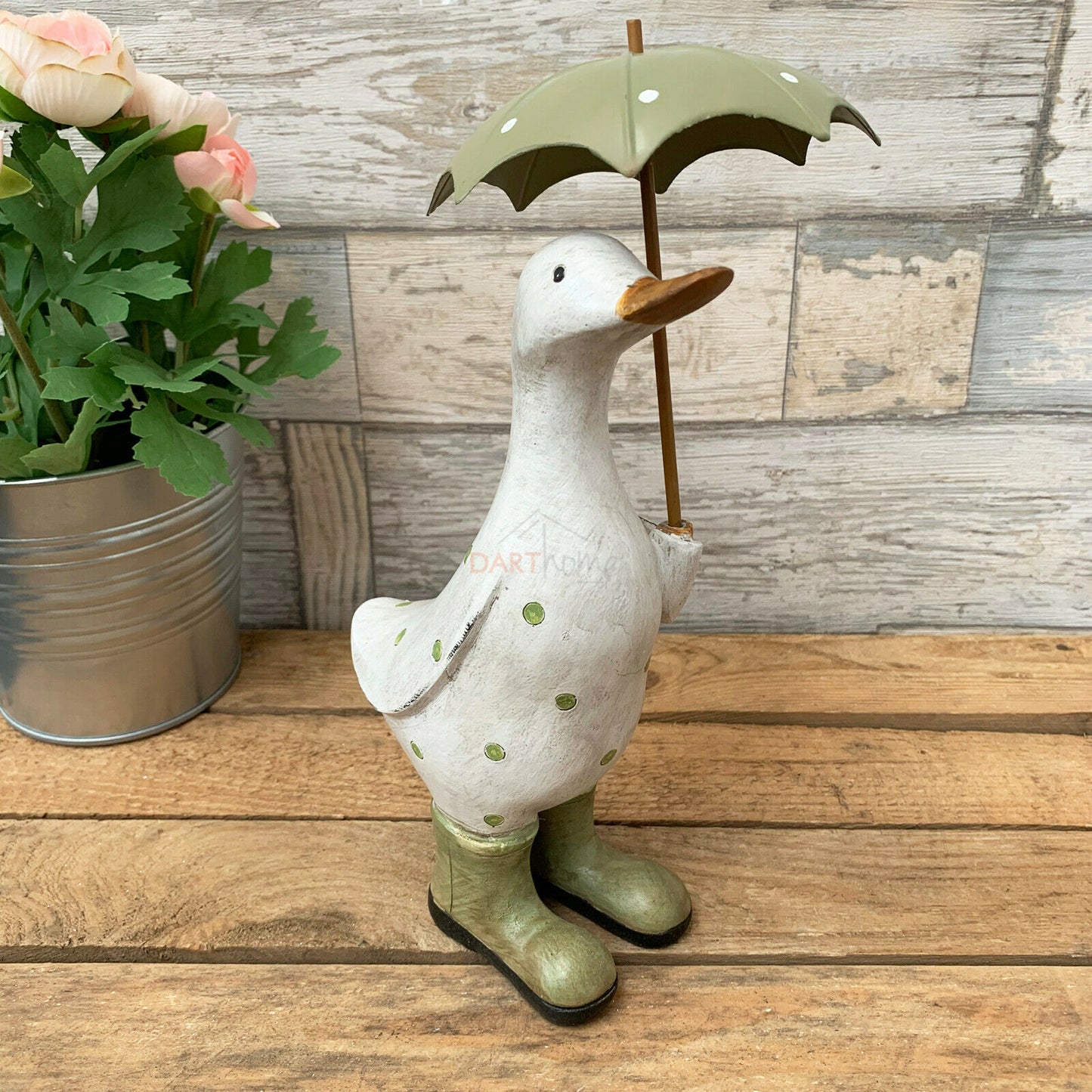 Resin Green Polka Dot Duck With Umbrella Ornament Medium