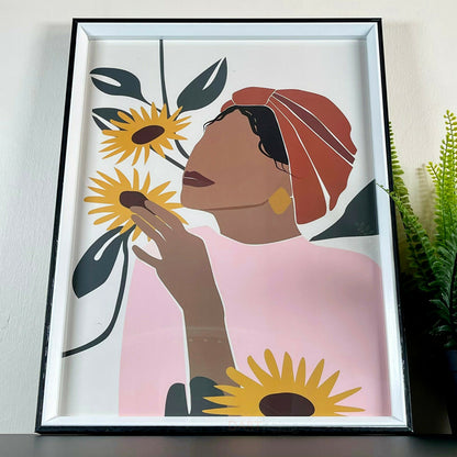 Gerahmter Kunstdruck mit Frau und Sonnenblumen