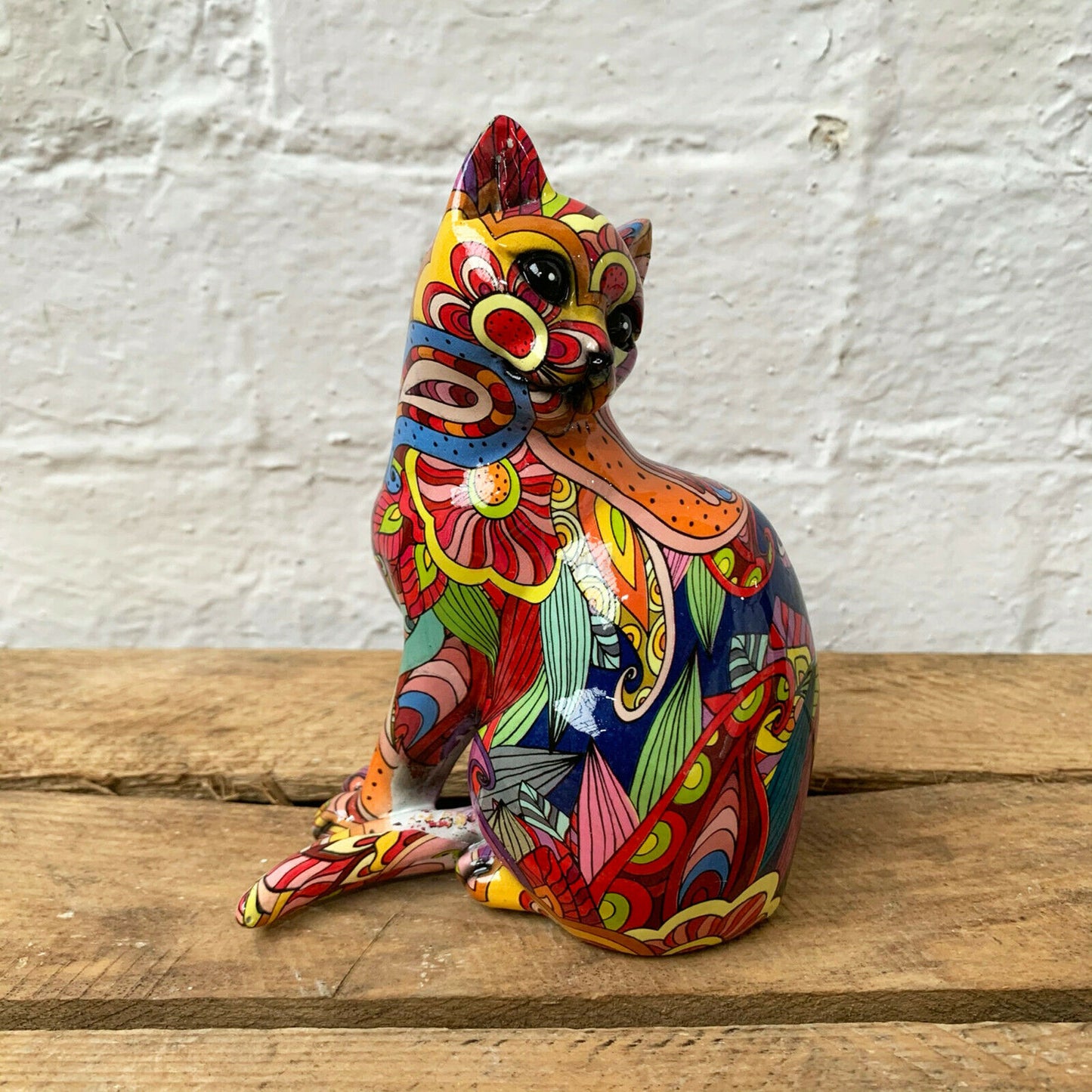 Resin Groovy Art Sitting Cat Ornament 14cm