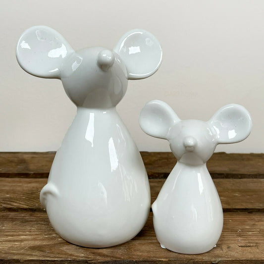 Set Of 2 Ceramic White Mouse Mother & Baby Christmas Ornaments