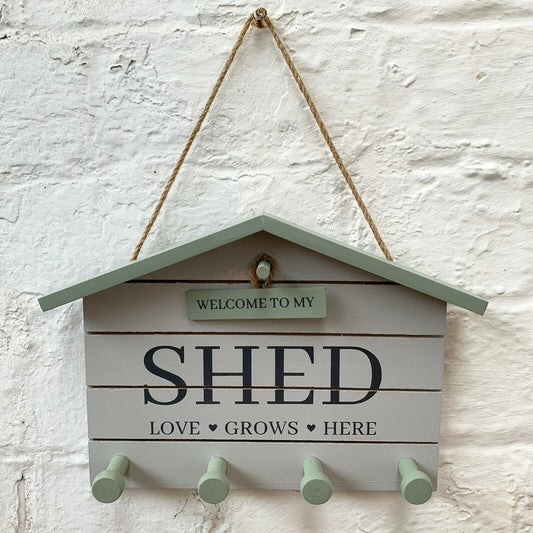 'Welcome To My Shed' White X4 Key Wall Hooks 24cm