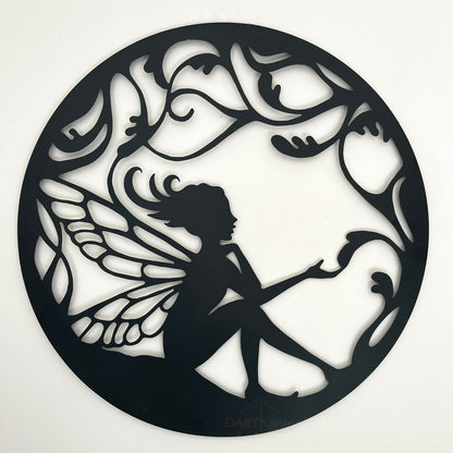 Schwarze sitzende Feen-Silhouette-Garten-Wandkunst