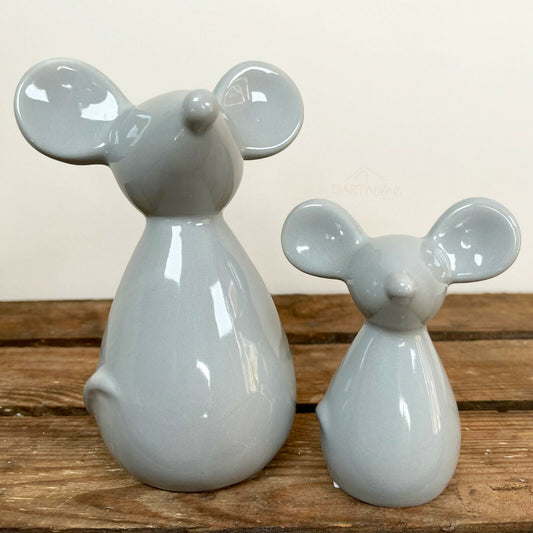 Set Of 2 Ceramic Grey Mouse Mother & Baby Christmas Ornaments