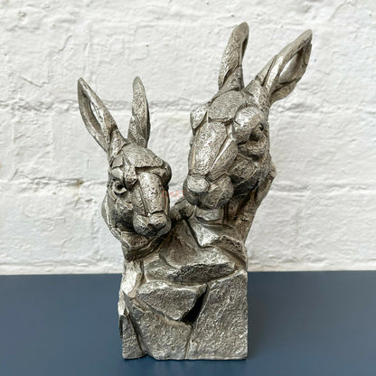 Silver Hare Pair Bust Sculpture