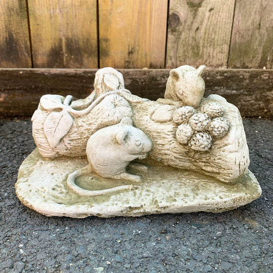 Cute Stone Mice On Small Log Garden Sculpture 1.6kg