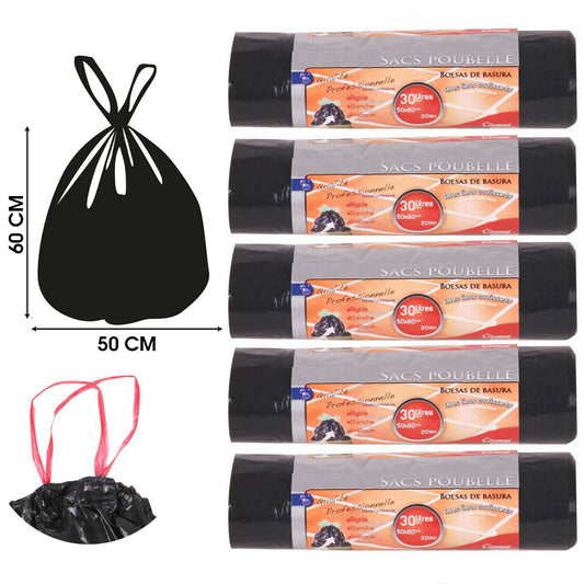 100x 30L Heavy Duty Strong Black Müllbeutel mit Kordelzug