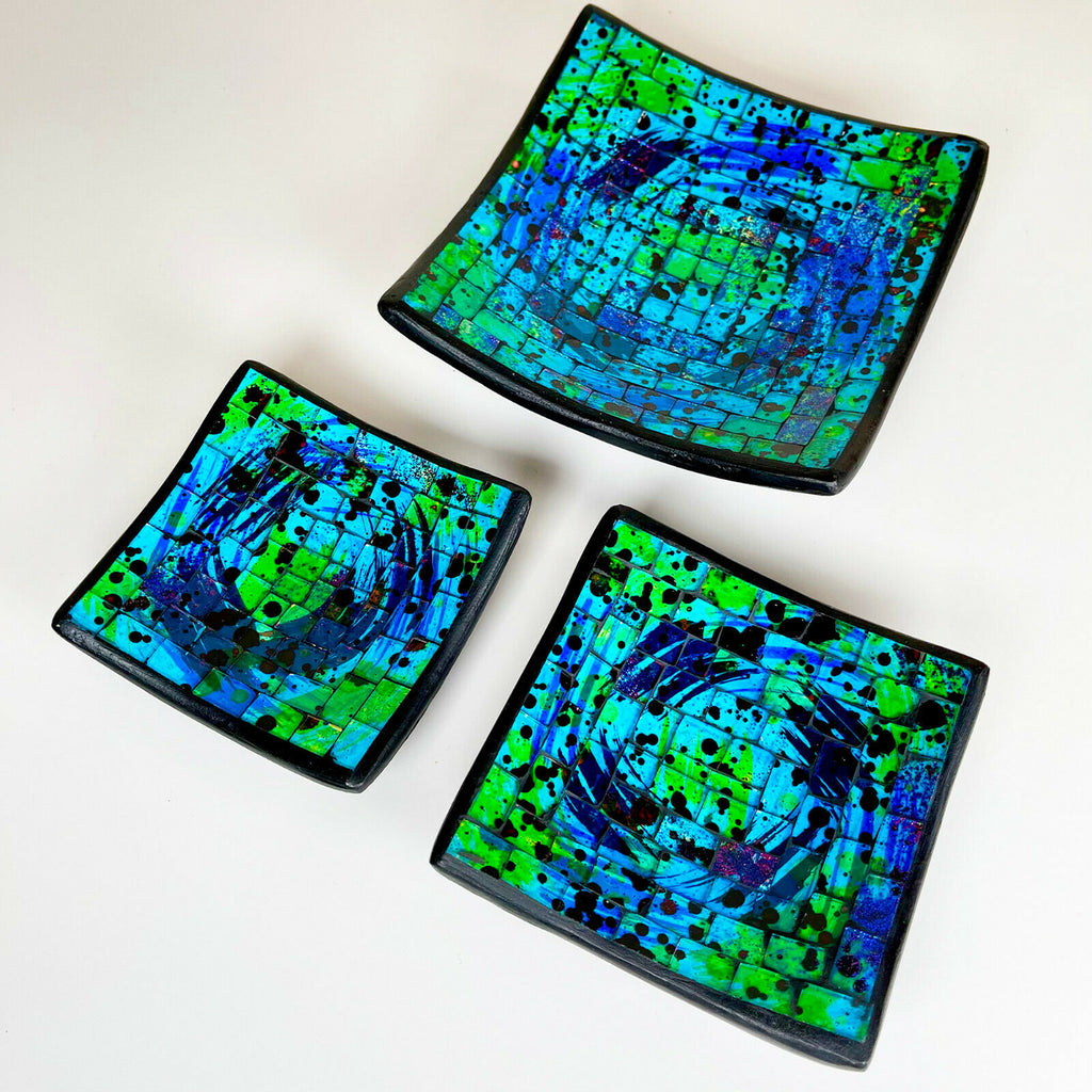 Set Of 3 Blue Glass Mosaic Bowls