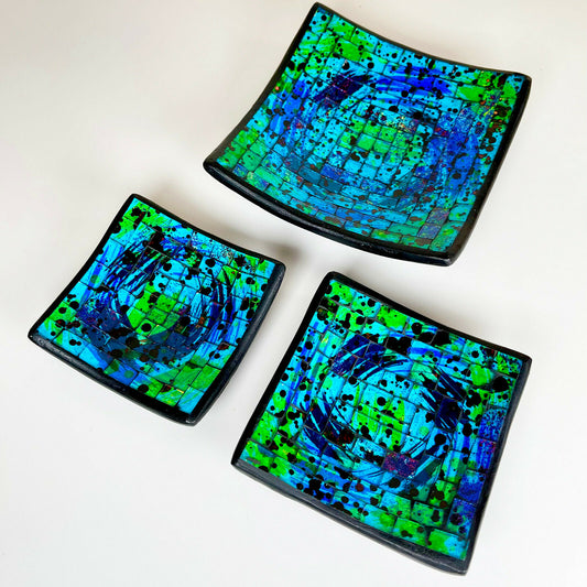 Set Of 3 Blue Glass Mosaic Bowls