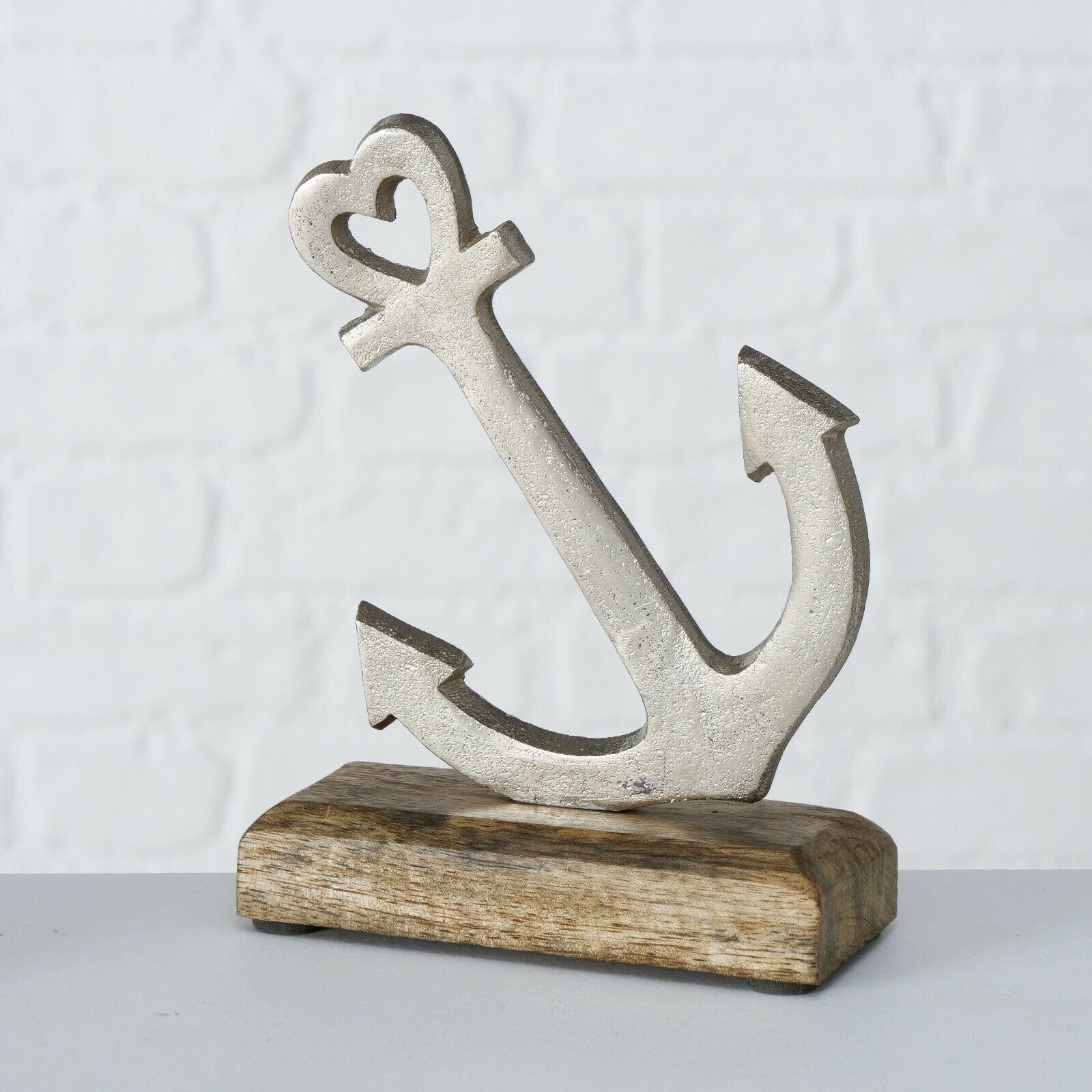 Brushed Silver Metal Anchor On Wooden Stand Ornament 17cm