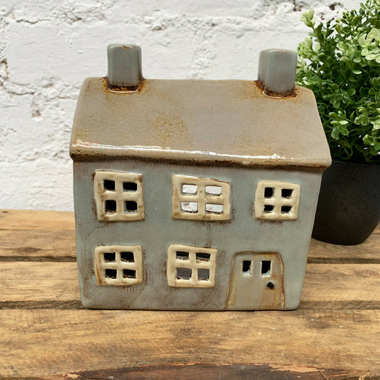 Grey Ceramic Village Pottery House Tealight Holder 18cm