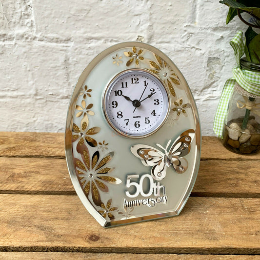 50th Golden Wedding Anniversary Mirrored Butterfly Clock 16cm