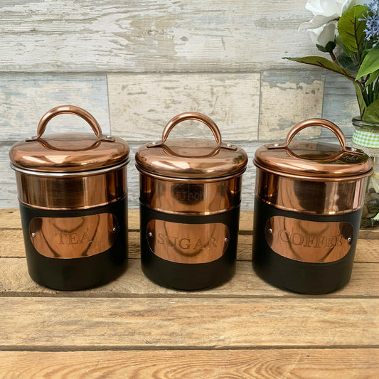 S/3 Copper & Black Tea Coffee Sugar Kitchen Storage Canisters