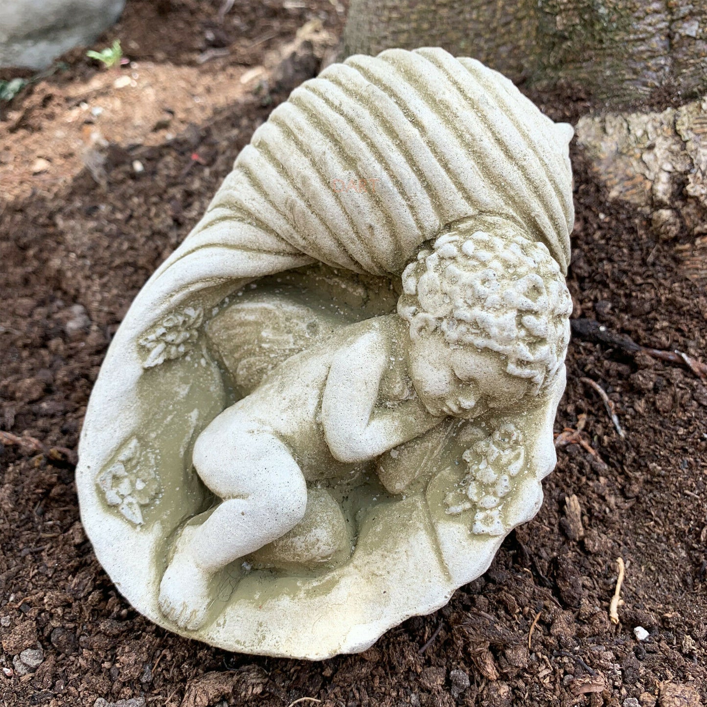 Stone Cherub In Shell Garden Sculpture