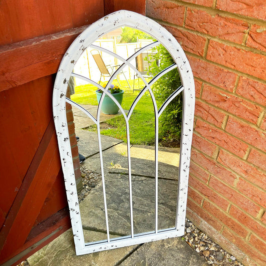 Distressed White Arched Garden Mirror