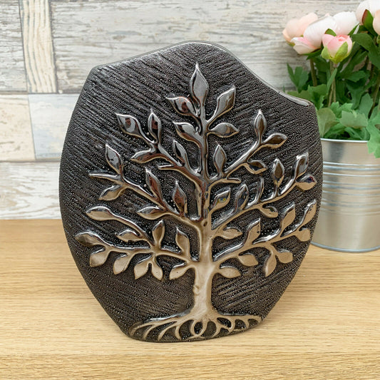 Ceramic Gun Metal Wide Tree Of Life Vase