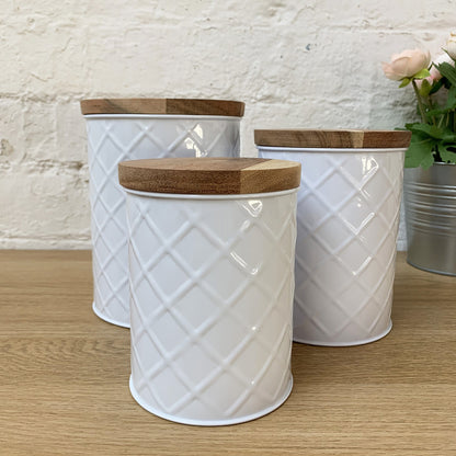 Set Of 3 Embossed White Storage Jars