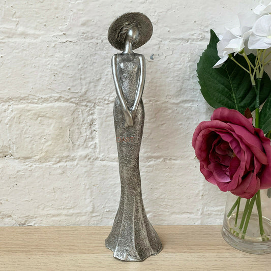 Silver Resin Tall Elegant Lady Hands Together Figurine 30cm