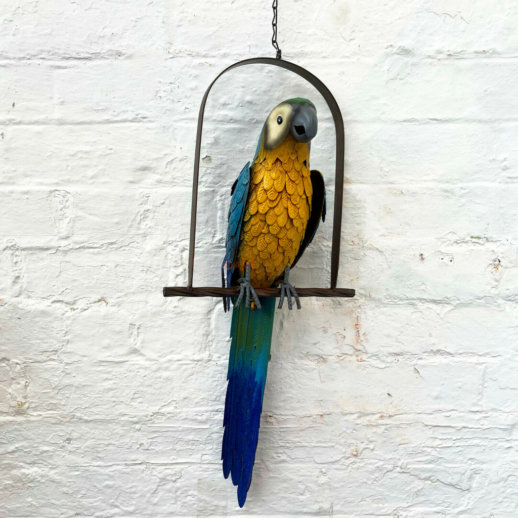Hanging Blue Macaw Parrot Garden Sculpture