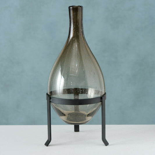 Bubbly Glass Vase With Metal Stand